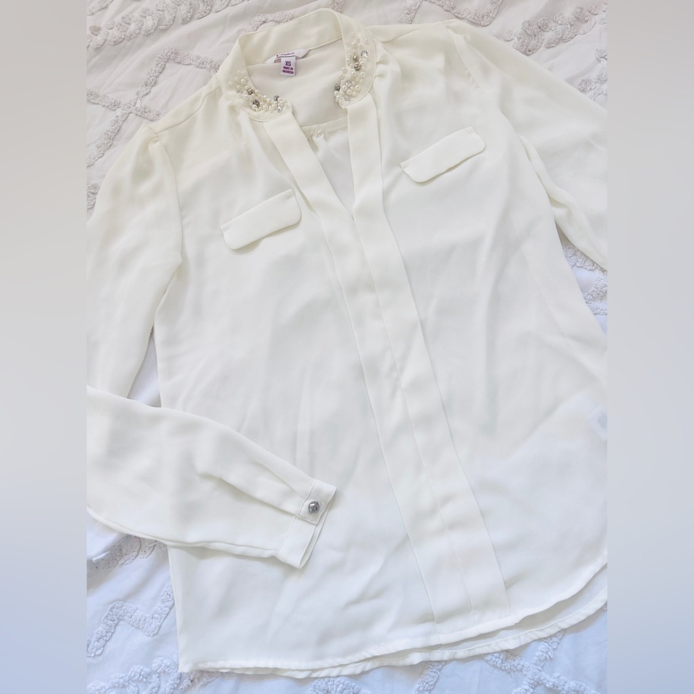 Candie's Elegant White Blouse with Pearl Details